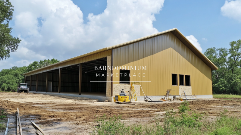Large metal barndominium under construction with open sides and a spacious interior layout.