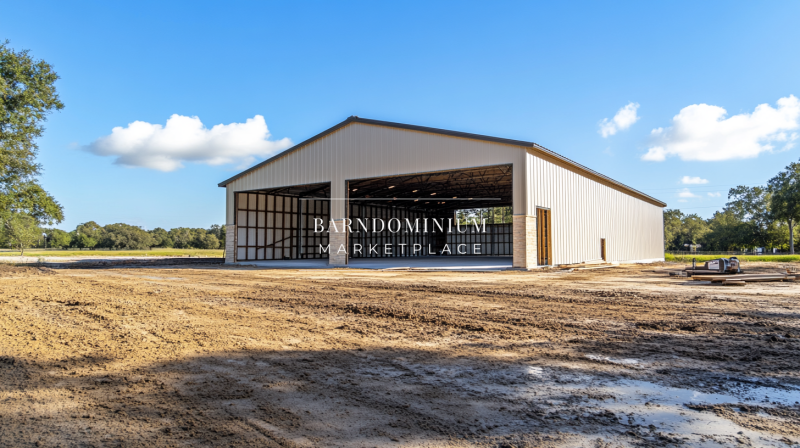 Spacious metal barndominium shell with open bays, ideal for workshop or living space conversion.