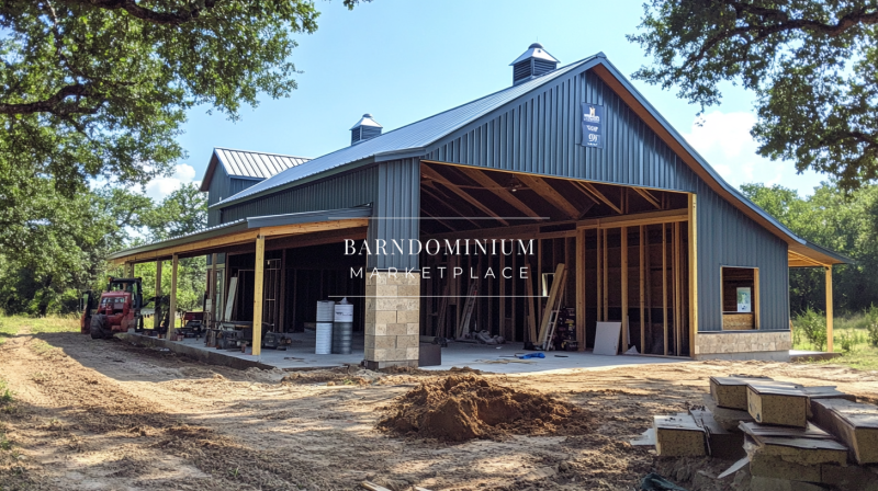 Barndominium under construction featuring a metal exterior, open framework, and rustic design elements.