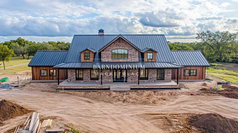 Spacious barndominium exterior with a classic farmhouse design, wooden accents, and a welcoming front porch.