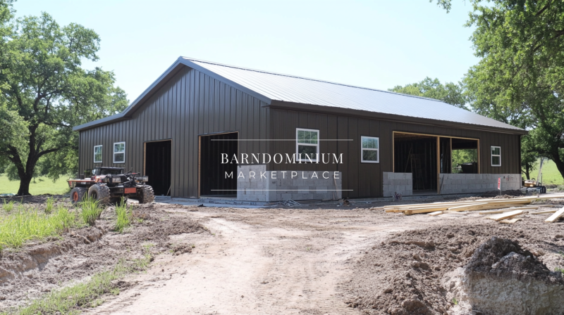 Barndominium under construction with a steel exterior and open garage bays.