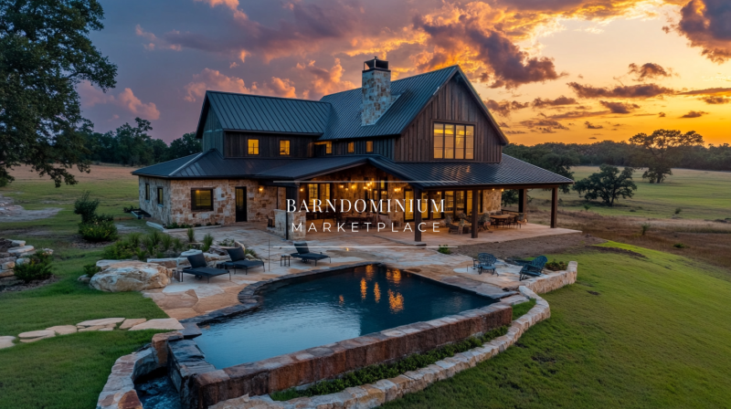 Rustic barndominium with a pool, glowing at sunset in a serene countryside setting.