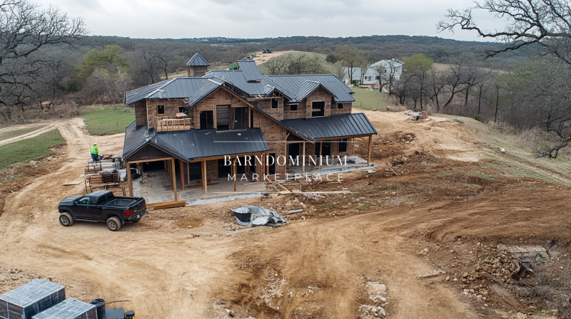 Barndominium under construction on a rural property, featuring a modern rustic design with a black metal roof and wooden exterior.