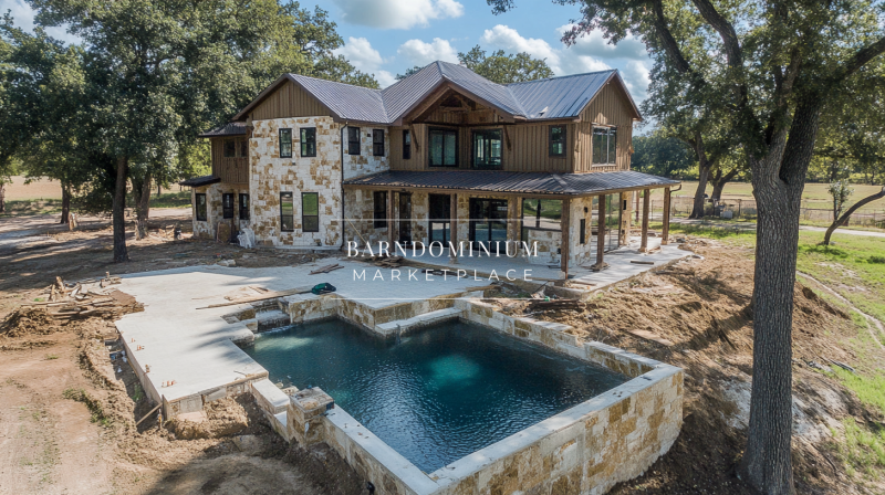 Rustic barndominium with stone and wood exterior, featuring a luxurious backyard pool and spacious outdoor living area.