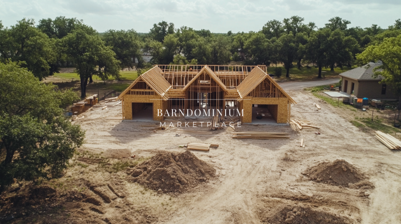 Barndominium framework under construction, showcasing an open-concept wooden structure in a rural setting.