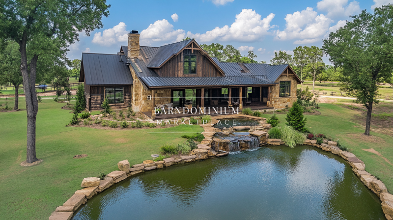 Stunning rustic barndominium with a black metal roof, stone accents, and a serene private pond.