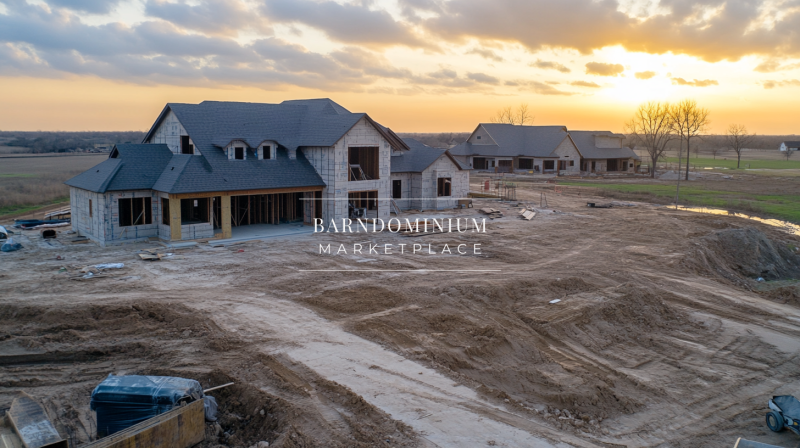 Spacious barndominium under construction with a modern farmhouse design, large open land, and a beautiful sunset backdrop.