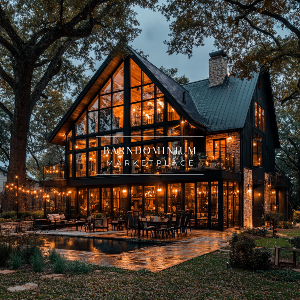 Luxurious black barndominium with expansive glass windows, warm ambient lighting, and a stylish outdoor living space.