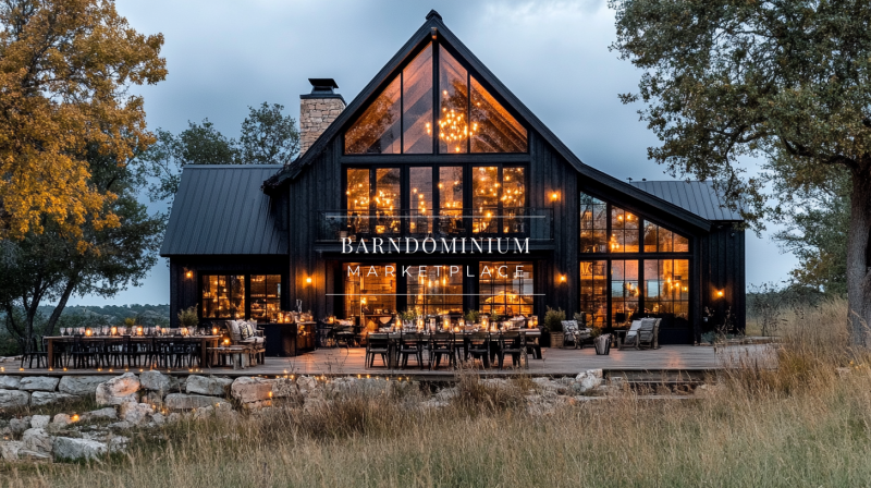 Modern black barndominium with floor-to-ceiling windows, warm ambient lighting, and a stunning outdoor dining space.