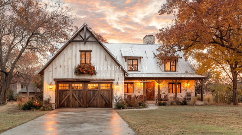 Elegant white barndominium with rustic wooden accents, warm exterior lighting, and beautiful autumn landscaping.