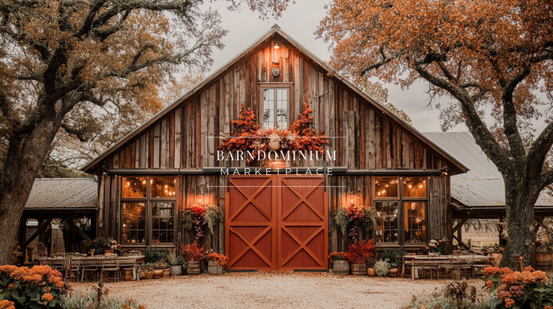 Rustic barndominium with weathered wood siding, bold red barn doors, warm lighting, and festive autumn decor.