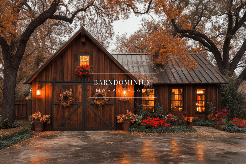 Charming rustic barndominium with warm wooden exteriors, festive wreaths, and cozy ambient lighting nestled among autumn trees.