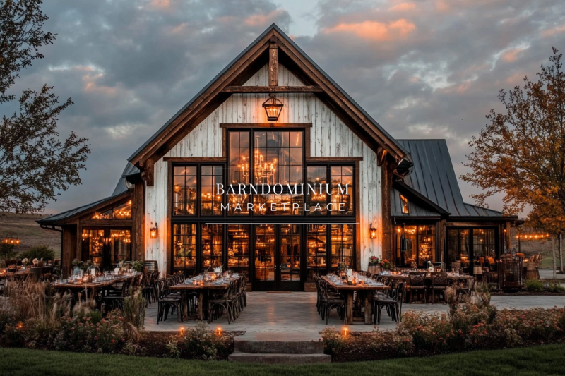 Stunning modern barndominium with large glass windows, warm ambient lighting, and a beautifully designed outdoor dining area.