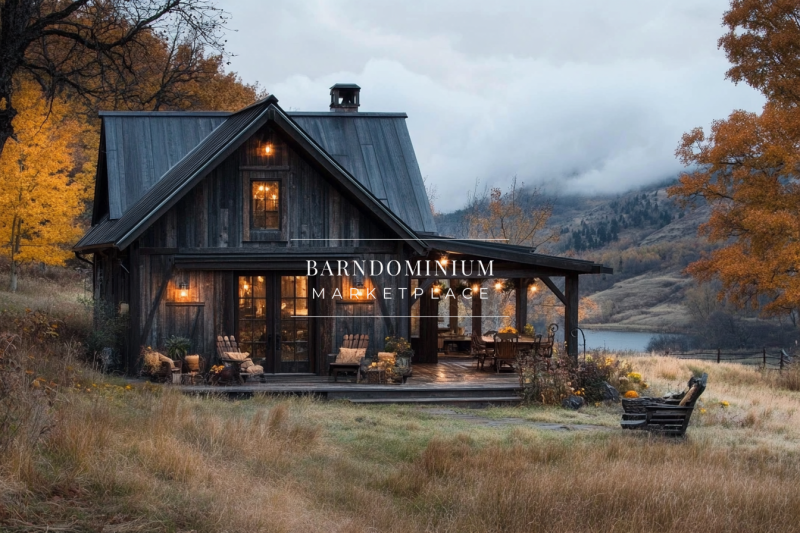 Rustic barndominium exterior with warm lighting, cozy porch, and scenic autumn surroundings.