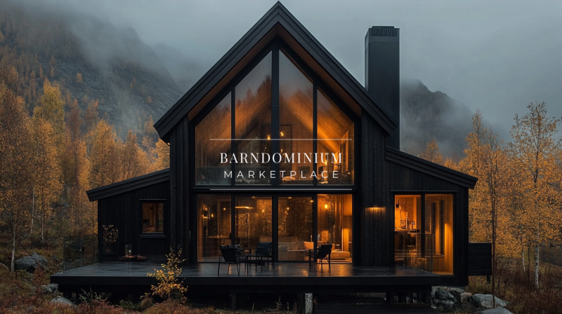 Modern black barndominium with floor-to-ceiling glass windows, glowing warmly against a misty autumn mountain backdrop.