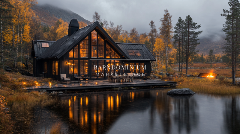 Luxury black barndominium with floor-to-ceiling windows, beautifully reflecting on a tranquil lakeside in a misty autumn setting.