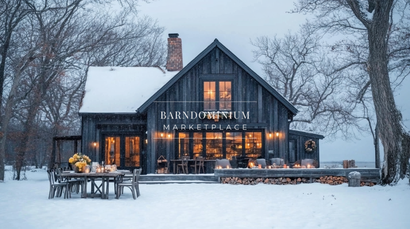 Charming black barndominium in a serene winter setting, warmly lit with rustic holiday décor and a cozy outdoor dining space.