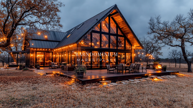 Stunning modern barndominium with floor-to-ceiling windows, warm string lights, and a cozy outdoor patio.