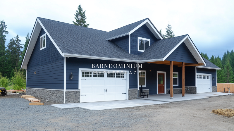 Charming navy blue barndominium with white garage doors and a covered porch, nestled in a wooded setting.