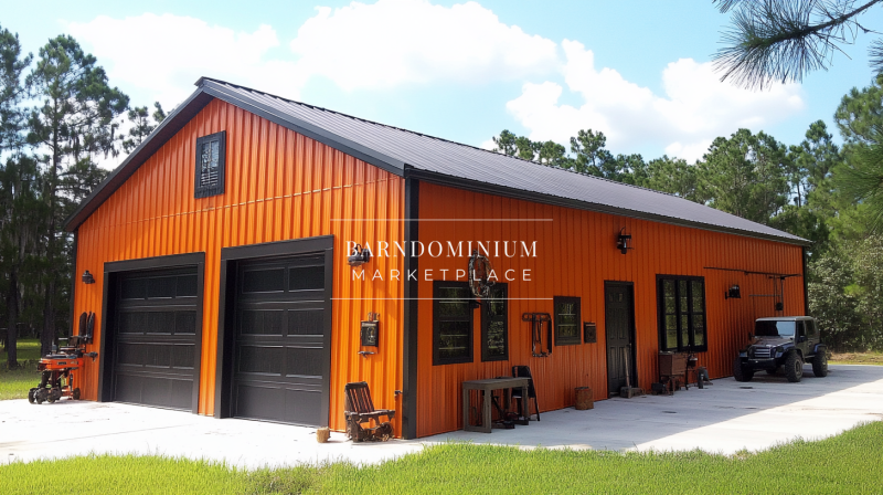 Bold orange barndominium with black garage doors and rustic outdoor decor, set against a green landscape.