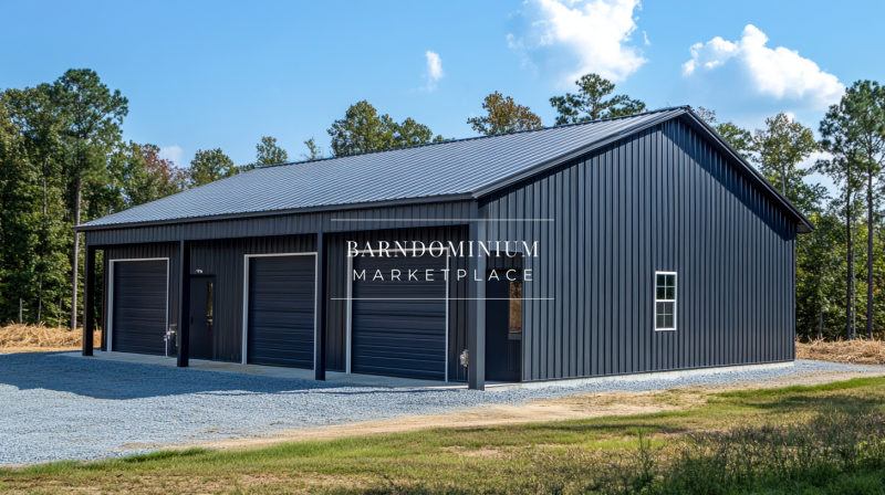Sleek dark gray barndominium with three garage doors, perfect for a workshop, storage, or modern metal home.
