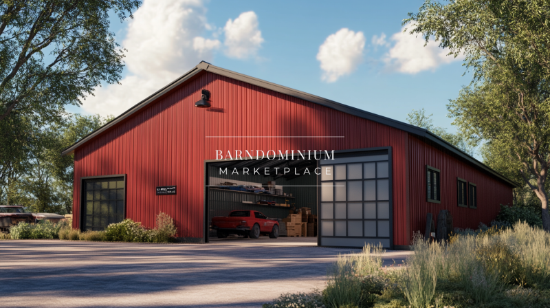 Modern red barndominium with large sliding glass doors, an open garage, and a spacious interior for vehicle storage and workspace.
