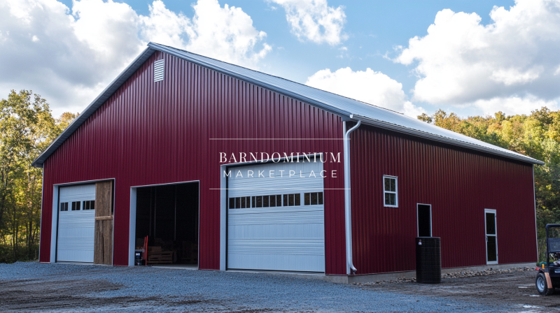 Large red barndominium with white garage doors, offering ample space for storage, workshops, or a residential conversion in a scenic rural setting.