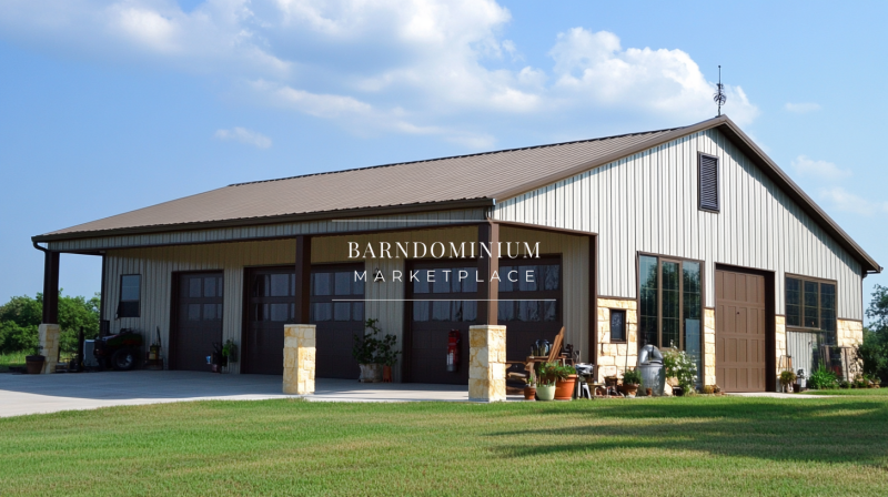 Spacious beige and brown barndominium with three garage doors, a covered porch, and a well-maintained lawn, combining functionality with modern rural living.