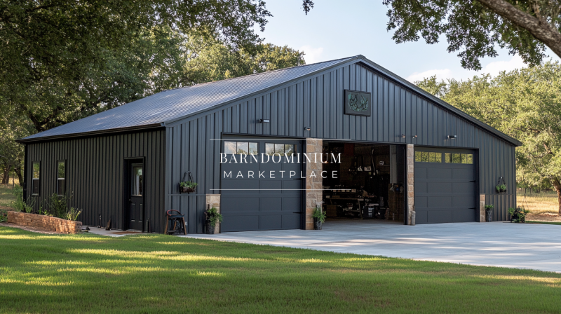 Spacious black barndominium with large garage doors, a sleek metal roof, and an open workspace, nestled in a green landscape.