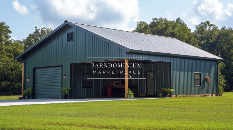 Modern green barndominium exterior with a metal roof, covered porch, and spacious garage, set against a lush green lawn and clear blue sky.