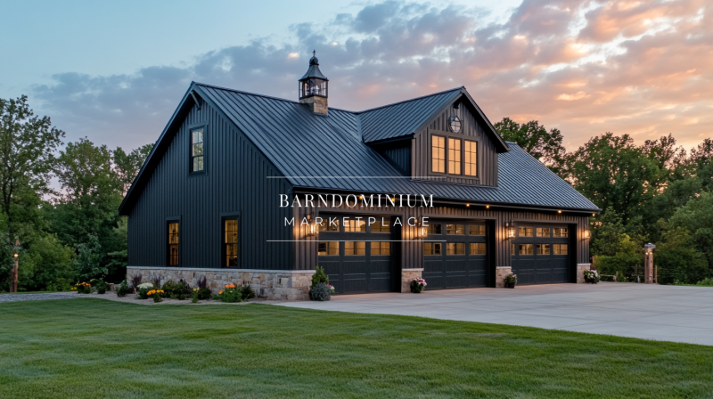 Elegant black barndominium with a metal roof, three garage doors, and warm exterior lighting, set in a beautifully landscaped yard at sunset.