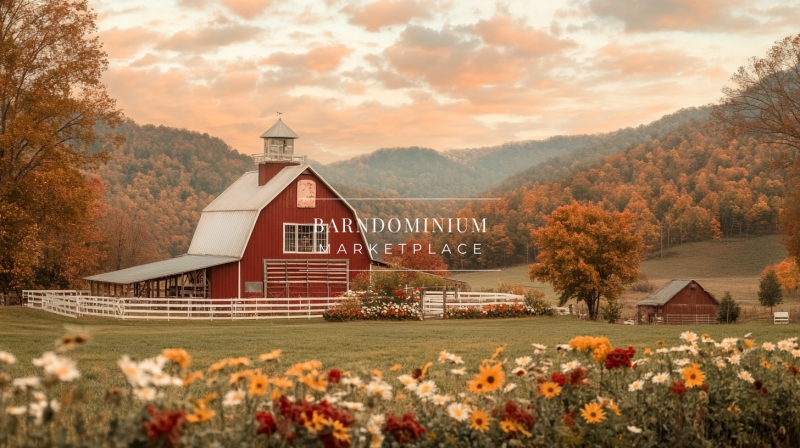 Classic red barndominium exterior with white trim, set in a picturesque valley with autumn foliage and vibrant wildflowers in the foreground.