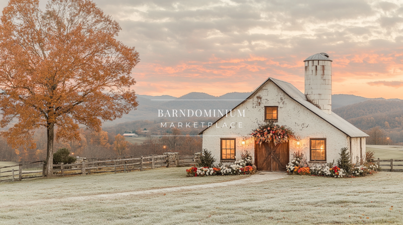 Elegant white barndominium exterior with rustic charm, adorned with floral decor, set against a breathtaking mountain sunrise.