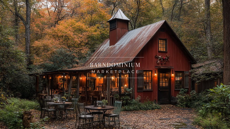 Charming red barndominium exterior with rustic metal roofing, warm string lights, and a cozy outdoor seating area surrounded by lush autumn foliage.