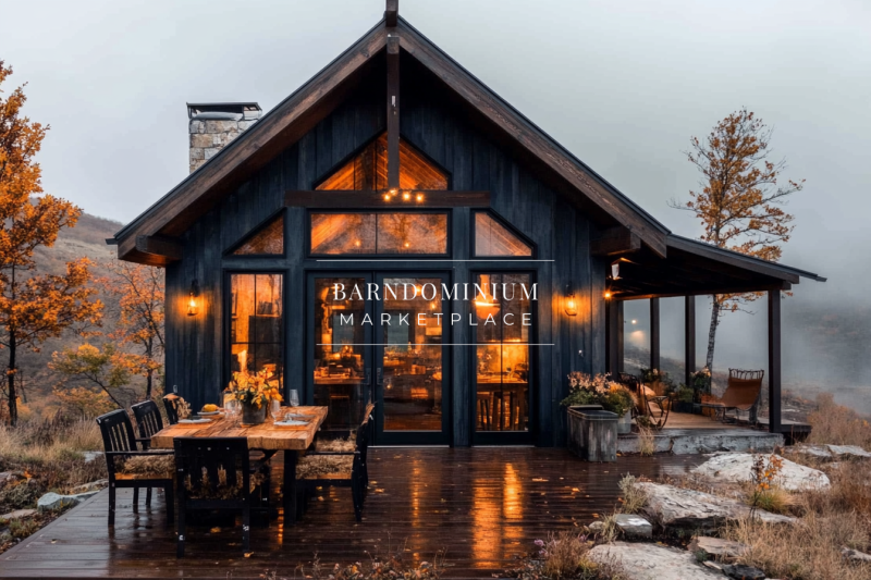 Modern rustic barndominium exterior with large glass windows, warm outdoor lighting, and a cozy wooden deck set against a misty autumn backdrop.