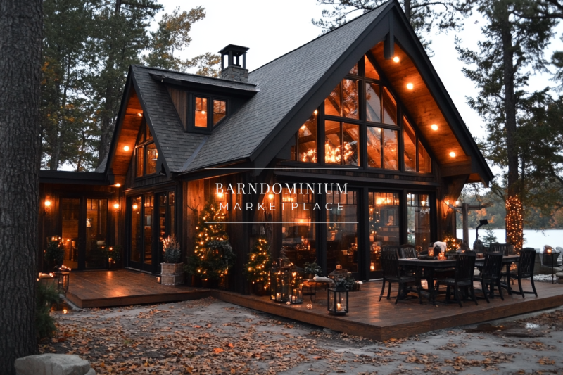 Elegant barndominium exterior with large glass windows, warm outdoor lighting, and a stylish wooden deck, creating a cozy and inviting atmosphere.