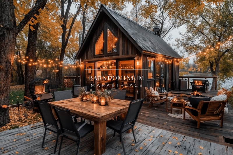 Cozy barndominium exterior with warm string lights, rustic wooden patio, and inviting outdoor seating—perfect for relaxing evenings.