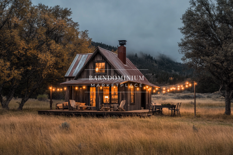 A charming rustic barndominium with warm lighting, set in a serene countryside landscape, offering the perfect cozy retreat.