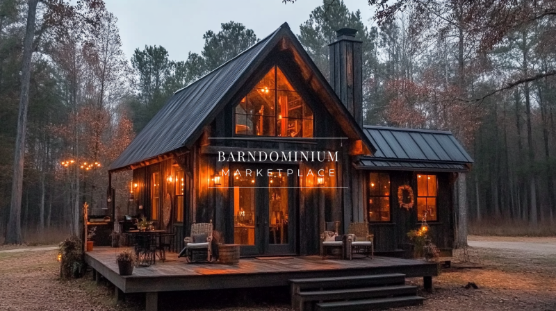 A cozy black barndominium with warm glowing lights, nestled in the woods for the perfect rustic retreat.