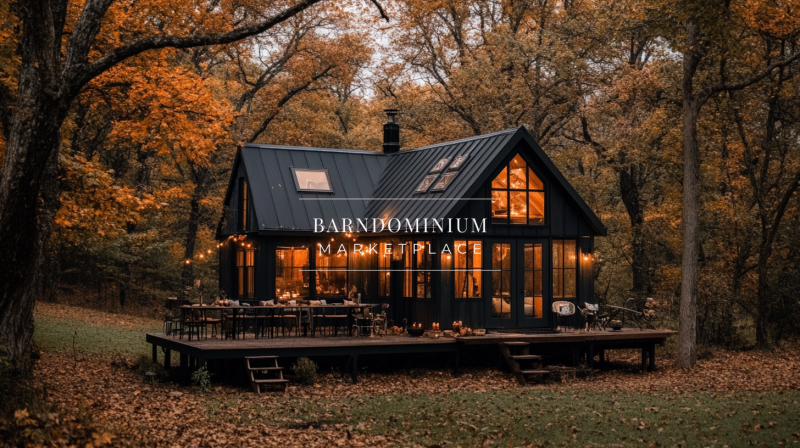 A stunning black barndominium nestled in autumn foliage, blending rustic charm with modern elegance for the perfect seasonal retreat.
