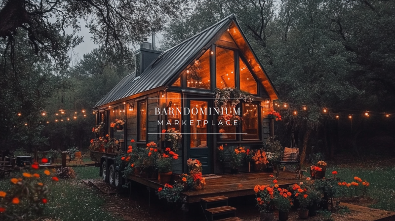 A charming A-frame barndominium on wheels, glowing with warm lights and surrounded by lush floral decor for a cozy retreat.