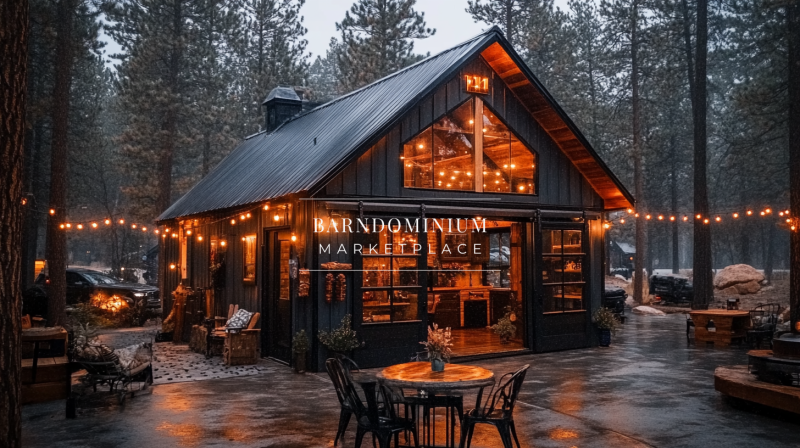 A stunning black barndominium nestled in the woods, illuminated by warm string lights and featuring an inviting outdoor patio.