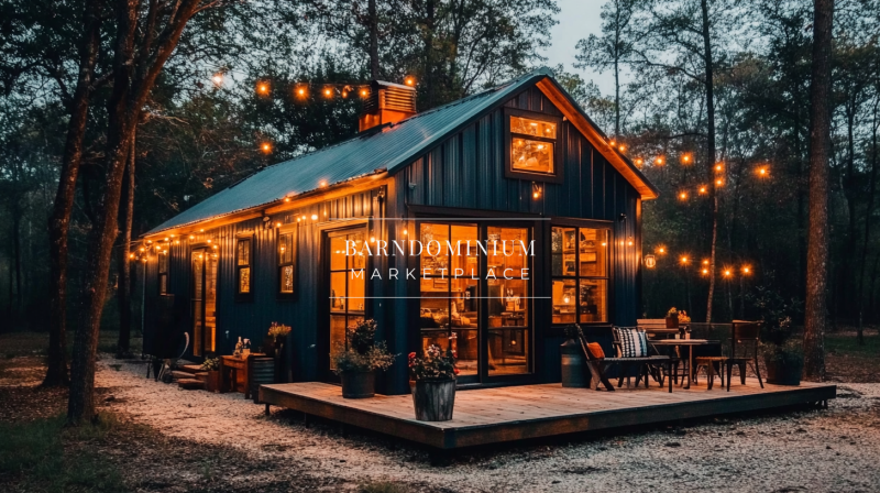 A charming modern farmhouse-style barndominium with black exterior siding, warm glowing lights, and a cozy outdoor patio.