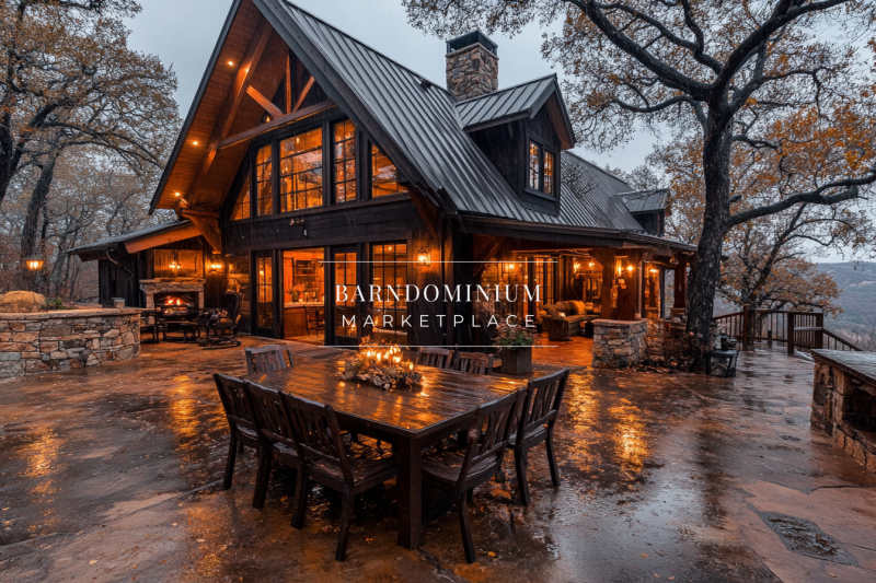 A breathtaking rustic barndominium with a black metal roof, warm exterior lighting, and an inviting outdoor dining space perfect for entertaining.