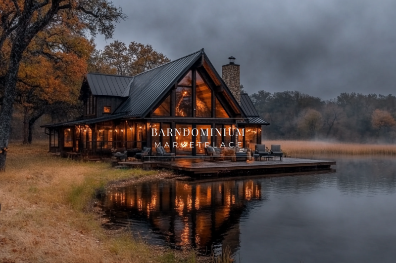 Cozy A-frame cabin by the lake with warm interior lighting reflecting on the water.