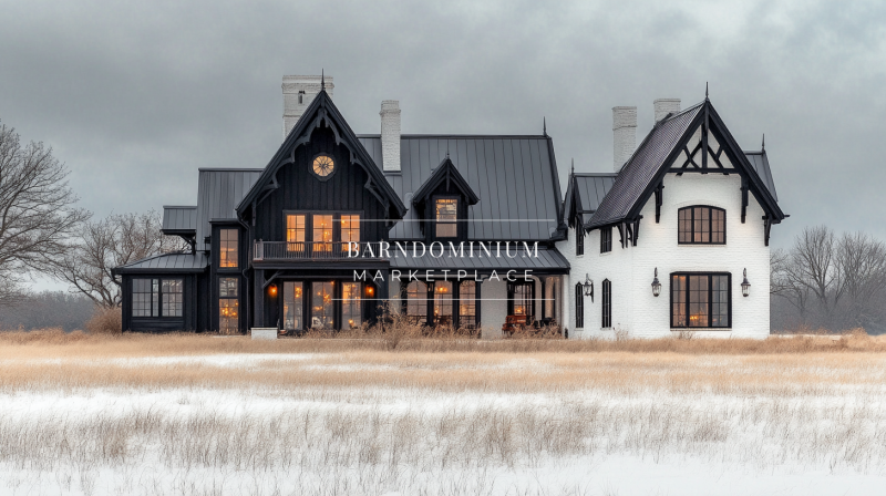 Elegant black-and-white farmhouse in a winter landscape, blending modern and gothic architecture.