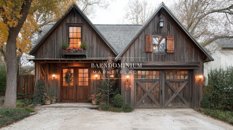 Rustic barn-style home with warm wooden textures, charming shutters, and cozy lighting.