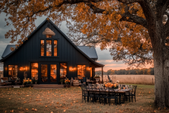 Charming black barn-style home with warm interior lighting and a cozy outdoor dining setup under a majestic oak tree.