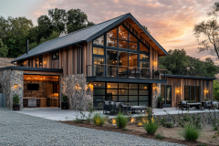 Modern barndominium with sleek glass windows and rustic wood accents at sunset.