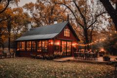 Charming rustic cabin with warm lighting, nestled among autumn trees and cozy outdoor dining.